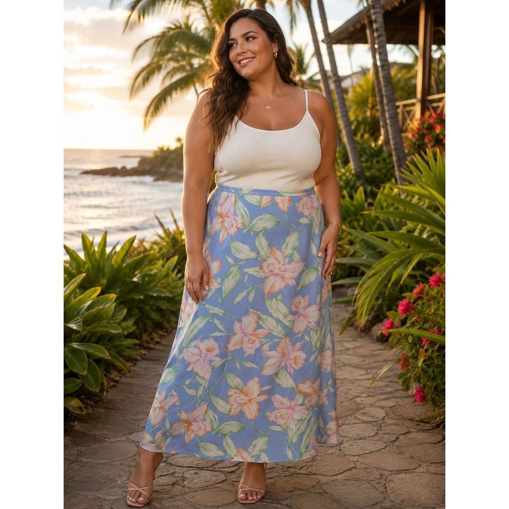 LAUREN RALPH LAUREN Size 14W Silk Maxi Skirt Floral Beach Coastal Tropical -1398